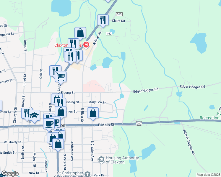 map of restaurants, bars, coffee shops, grocery stores, and more near 700 East Long Street in Claxton