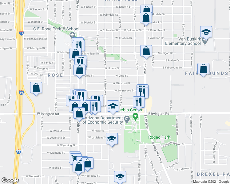 map of restaurants, bars, coffee shops, grocery stores, and more near 221 West Tennessee Street in Tucson