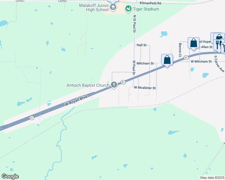 map of restaurants, bars, coffee shops, grocery stores, and more near 217 Cherry Street in Malakoff
