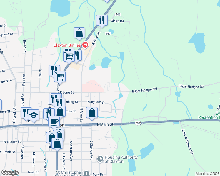 map of restaurants, bars, coffee shops, grocery stores, and more near 700 East Long Street in Claxton