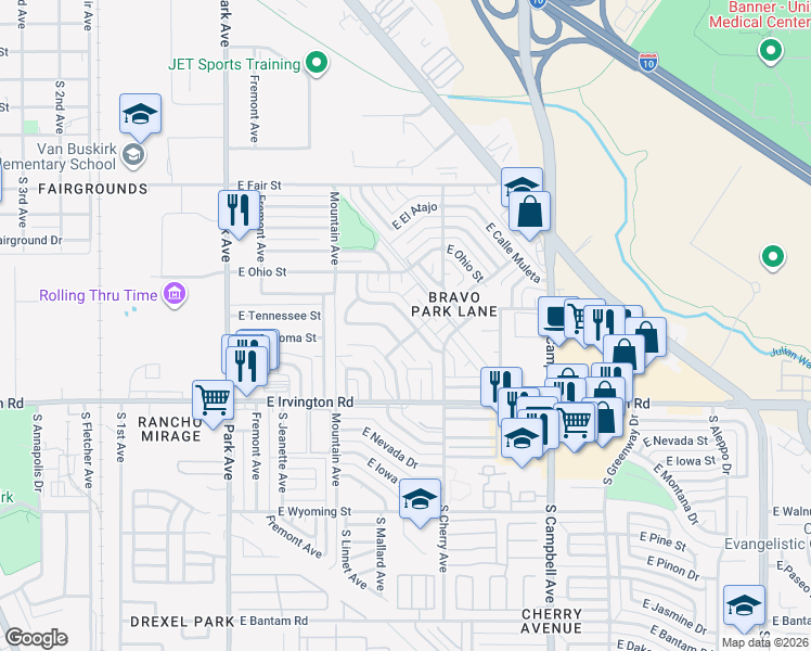 map of restaurants, bars, coffee shops, grocery stores, and more near 4756 South Camino Paso Doble in Tucson