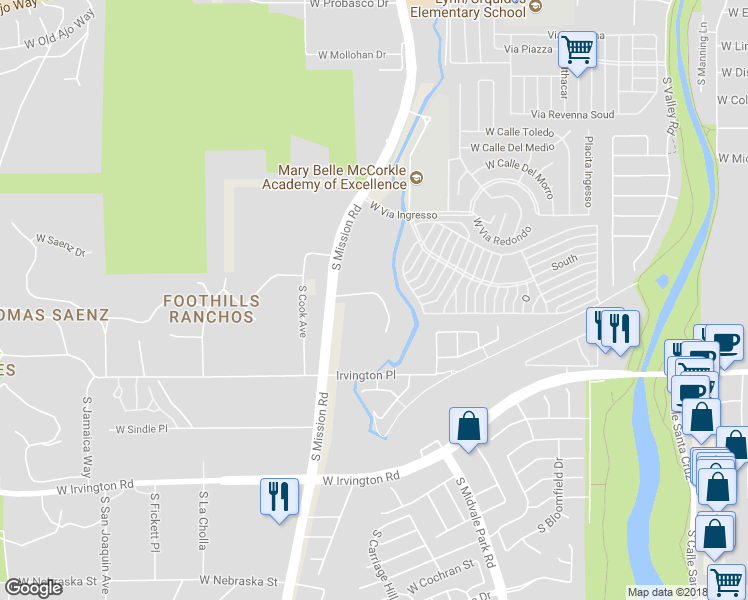 map of restaurants, bars, coffee shops, grocery stores, and more near 1839 West Mission Place in Tucson