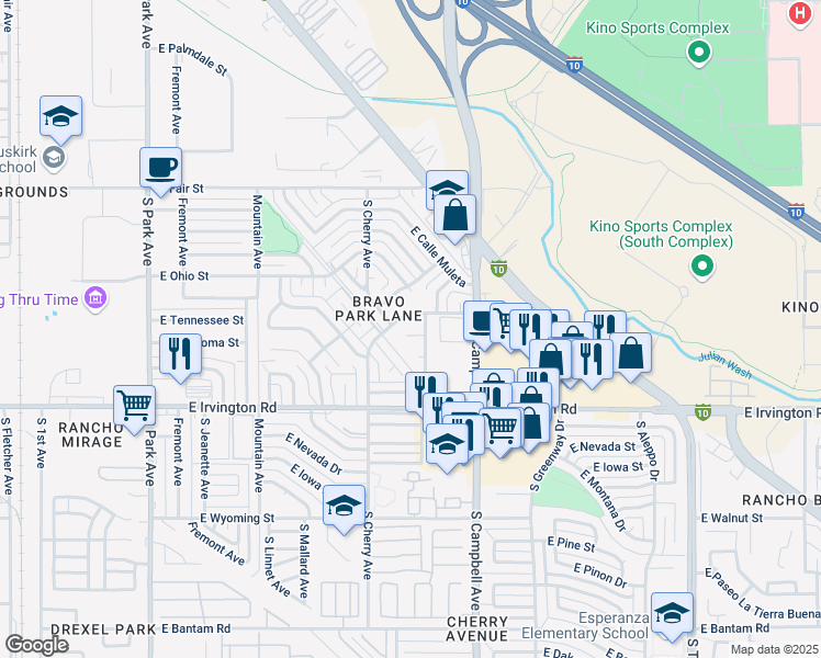 map of restaurants, bars, coffee shops, grocery stores, and more near 1719 East Warren Place in Tucson