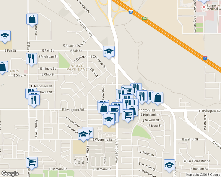 map of restaurants, bars, coffee shops, grocery stores, and more near 4750 South Campbell Avenue in Tucson