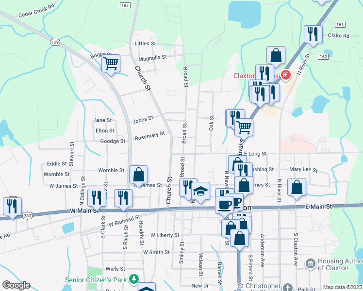 map of restaurants, bars, coffee shops, grocery stores, and more near 214 Broad Street in Claxton