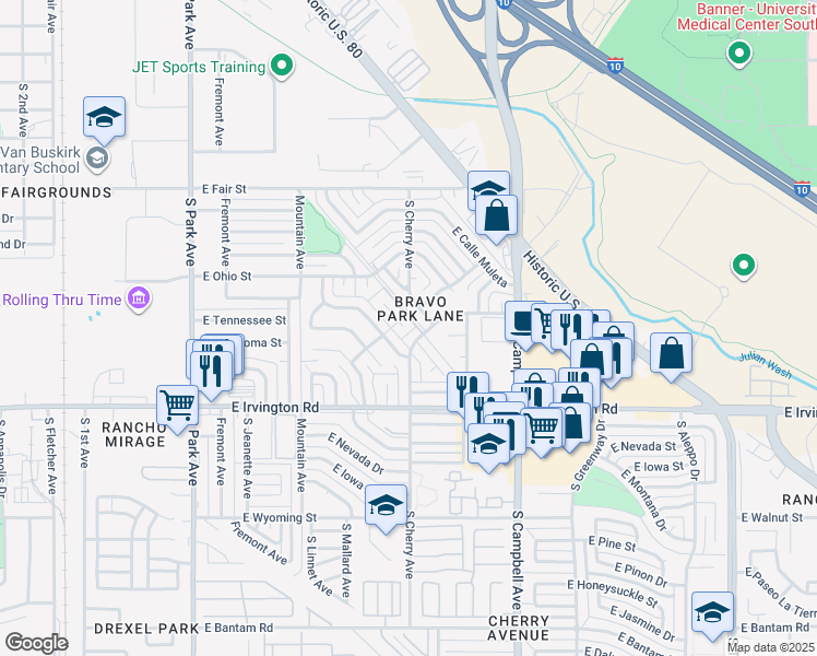 map of restaurants, bars, coffee shops, grocery stores, and more near 4771 South Calle Miura in Tucson