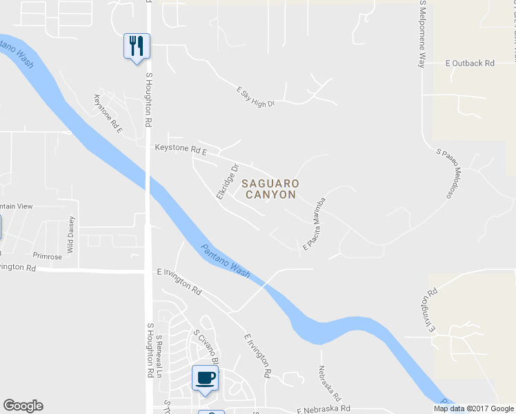 map of restaurants, bars, coffee shops, grocery stores, and more near 10611 Elkridge Place in Tucson