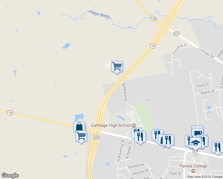 map of restaurants, bars, coffee shops, grocery stores, and more near Texas 149 in Carthage