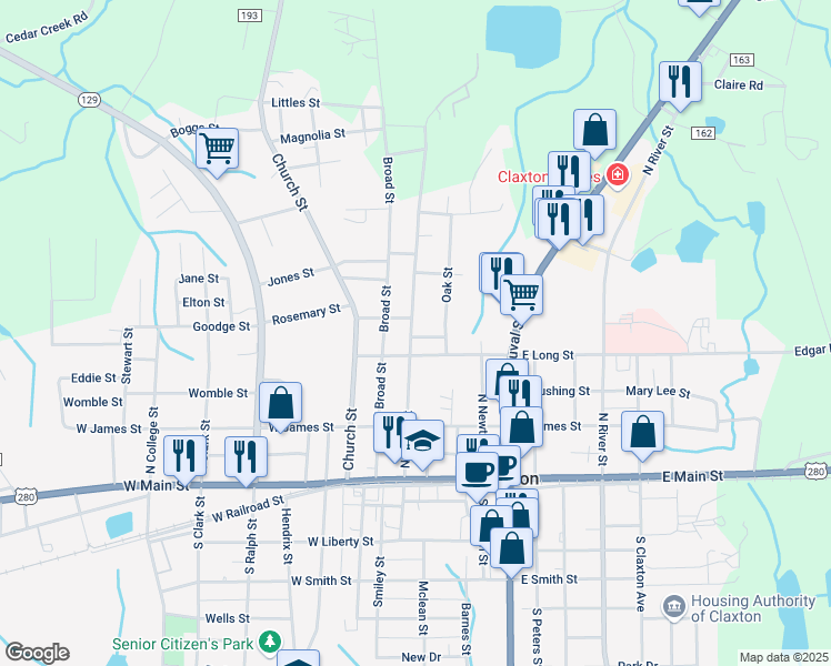 map of restaurants, bars, coffee shops, grocery stores, and more near 209 North Grady Street in Claxton