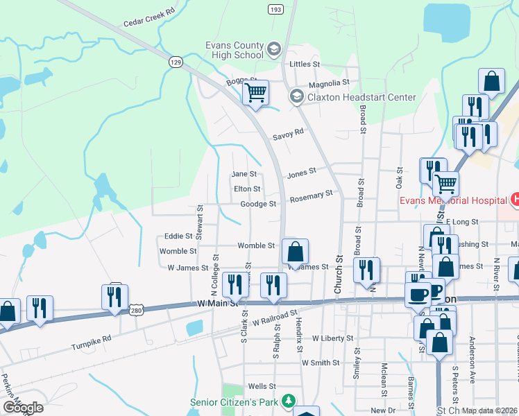 map of restaurants, bars, coffee shops, grocery stores, and more near 608 Goodge Street in Claxton