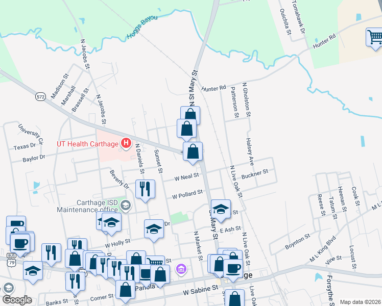 map of restaurants, bars, coffee shops, grocery stores, and more near 124 Cottage Road in Carthage
