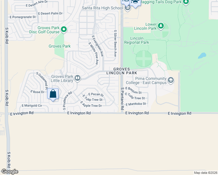 map of restaurants, bars, coffee shops, grocery stores, and more near 7801 East Boojum Place in Tucson