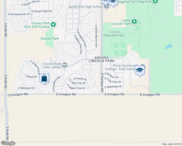 map of restaurants, bars, coffee shops, grocery stores, and more near 7801 East Boojum Place in Tucson