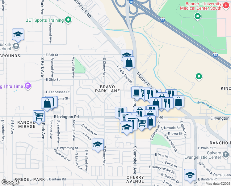 map of restaurants, bars, coffee shops, grocery stores, and more near 1719 East Warren Place in Tucson