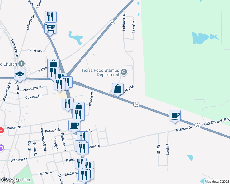 map of restaurants, bars, coffee shops, grocery stores, and more near 417 U.S. 79 in Henderson