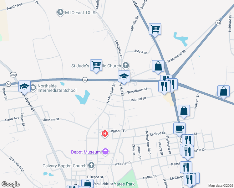 map of restaurants, bars, coffee shops, grocery stores, and more near 105 Bunyon Street in Henderson
