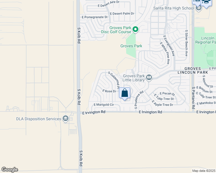 map of restaurants, bars, coffee shops, grocery stores, and more near 7273 East Olive Place in Tucson