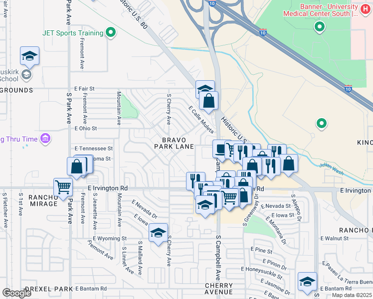 map of restaurants, bars, coffee shops, grocery stores, and more near 1719 East Warren Place in Tucson