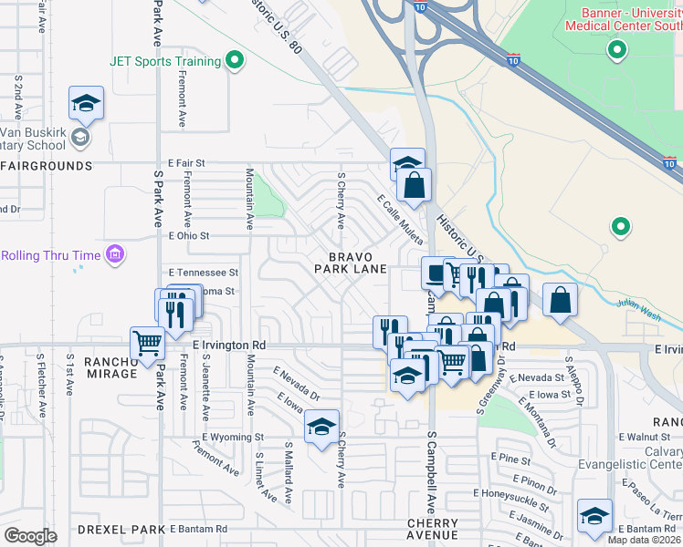map of restaurants, bars, coffee shops, grocery stores, and more near 4771 South Calle Miura in Tucson