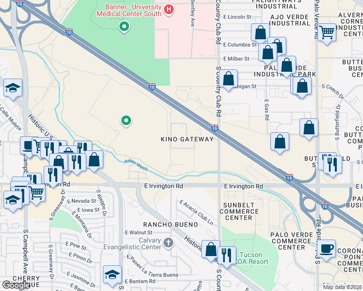 map of restaurants, bars, coffee shops, grocery stores, and more near 2843 East Kentucky Street in Tucson
