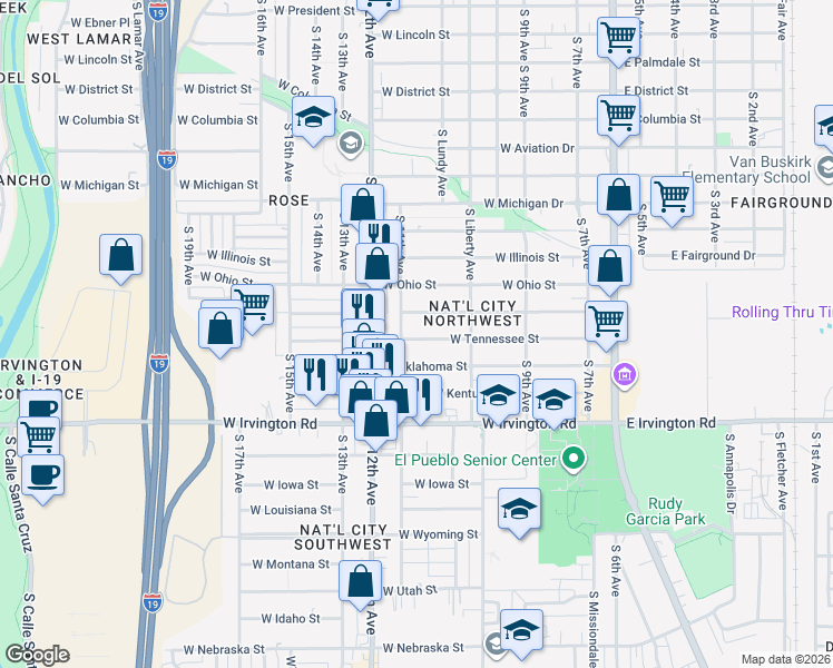 map of restaurants, bars, coffee shops, grocery stores, and more near 434 West Tennessee Street in Tucson