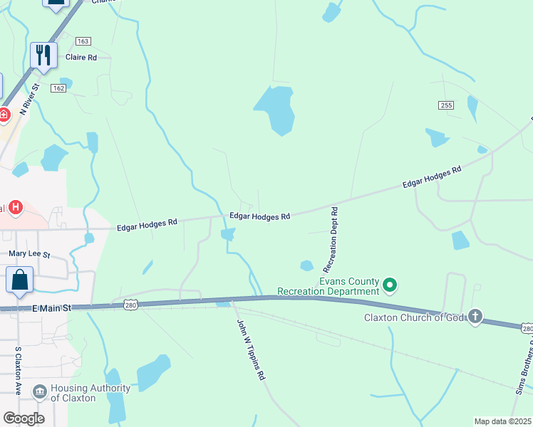 map of restaurants, bars, coffee shops, grocery stores, and more near 1466 Edgar Hodges Road in Claxton