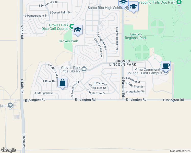 map of restaurants, bars, coffee shops, grocery stores, and more near 7633 East Persimmon Drive in Tucson