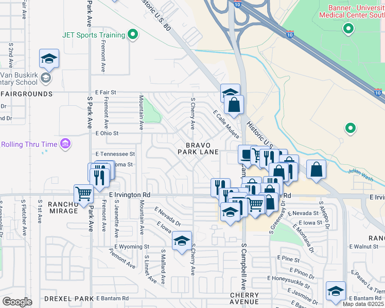 map of restaurants, bars, coffee shops, grocery stores, and more near 4771 South Calle Miura in Tucson