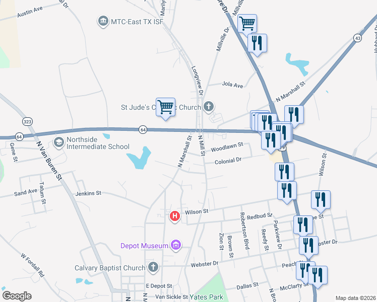 map of restaurants, bars, coffee shops, grocery stores, and more near 105 Bunyon Street in Henderson