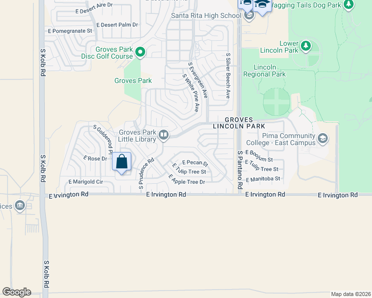 map of restaurants, bars, coffee shops, grocery stores, and more near 7633 East Persimmon Drive in Tucson