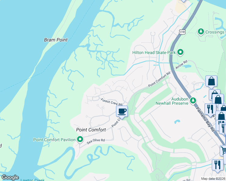 map of restaurants, bars, coffee shops, grocery stores, and more near 1 Shipwatch Point in Hilton Head Island