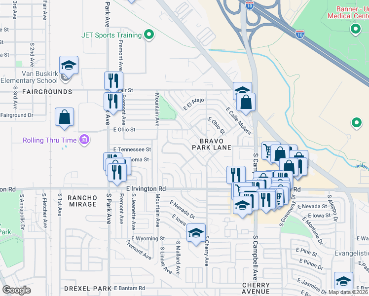 map of restaurants, bars, coffee shops, grocery stores, and more near 4756 South Camino Paso Doble in Tucson