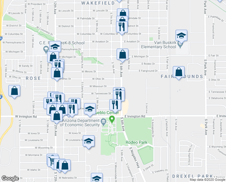 map of restaurants, bars, coffee shops, grocery stores, and more near 121 West Tennessee Street in Tucson