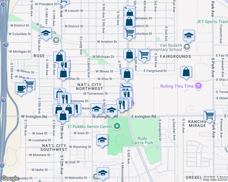 map of restaurants, bars, coffee shops, grocery stores, and more near 121 West Tennessee Street in Tucson