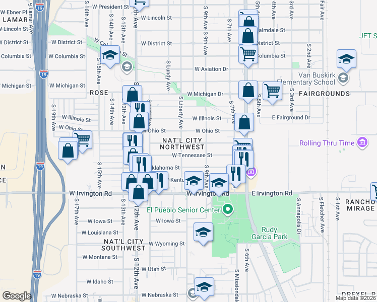 map of restaurants, bars, coffee shops, grocery stores, and more near 248 West Tennessee Street in Tucson