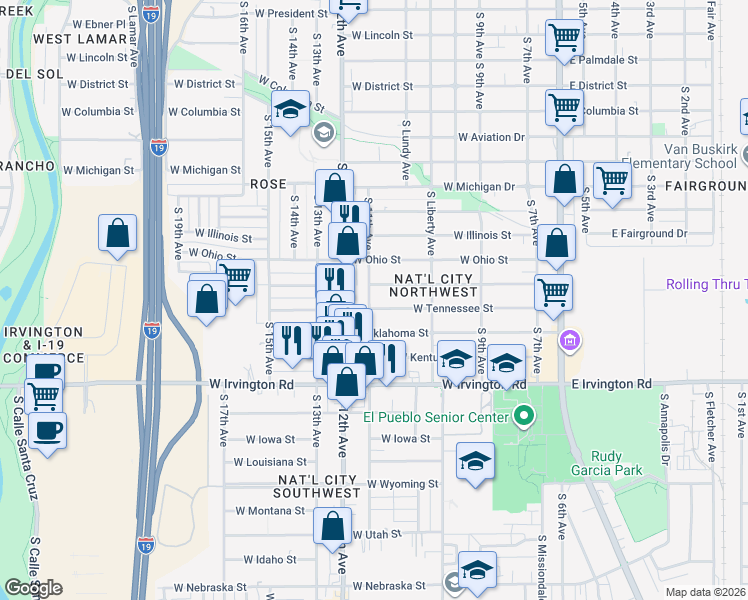 map of restaurants, bars, coffee shops, grocery stores, and more near 434 West Tennessee Street in Tucson