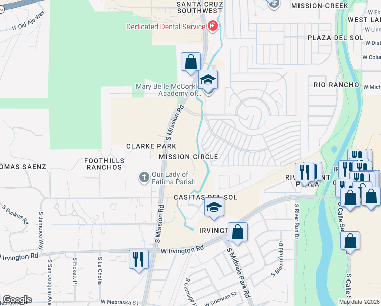 map of restaurants, bars, coffee shops, grocery stores, and more near 1839 West Mission Place in Tucson