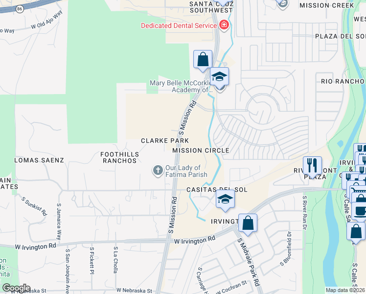 map of restaurants, bars, coffee shops, grocery stores, and more near 1742-1898 West Mission Place in Tucson