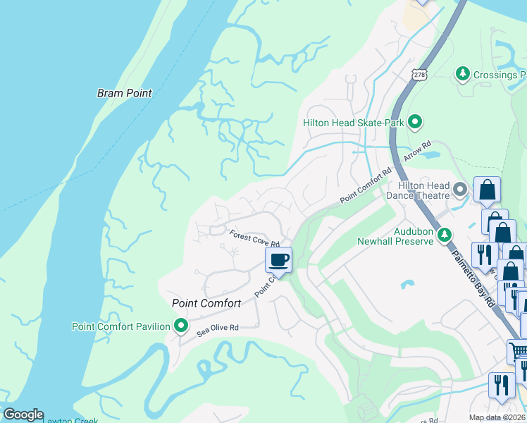 map of restaurants, bars, coffee shops, grocery stores, and more near 74 Quartermaster Lane in Hilton Head Island