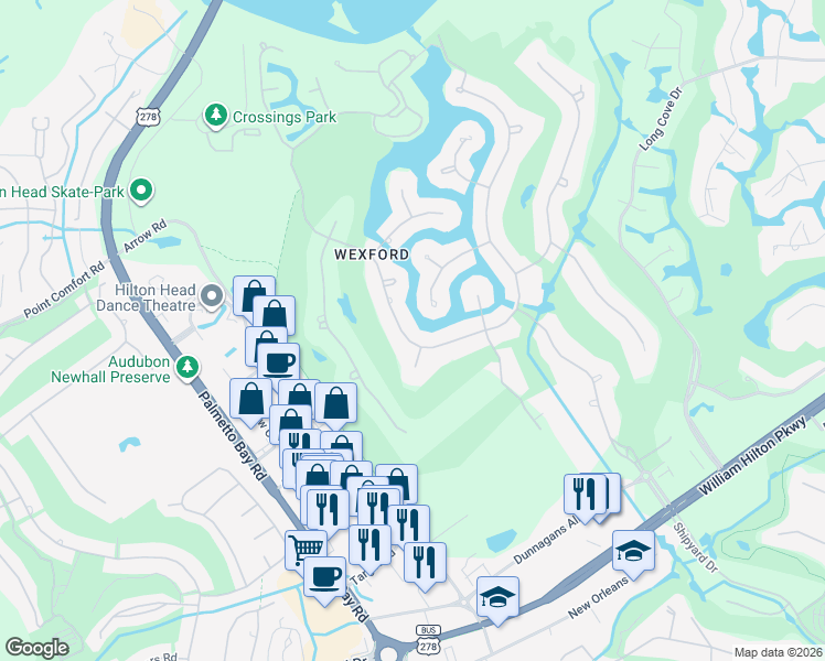 map of restaurants, bars, coffee shops, grocery stores, and more near 30 Wexford Club Drive in Hilton Head Island