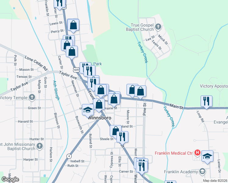 map of restaurants, bars, coffee shops, grocery stores, and more near 6649-6699 Kinloch Street in Winnsboro