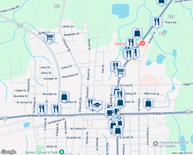 map of restaurants, bars, coffee shops, grocery stores, and more near 209 North Grady Street in Claxton