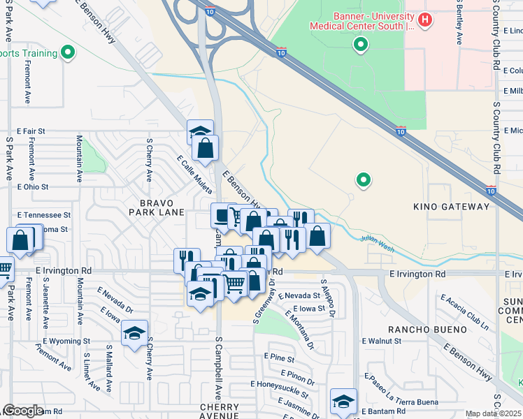 map of restaurants, bars, coffee shops, grocery stores, and more near in Tucson