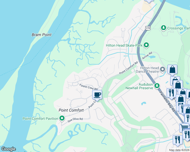 map of restaurants, bars, coffee shops, grocery stores, and more near 74 Quartermaster Lane in Hilton Head Island