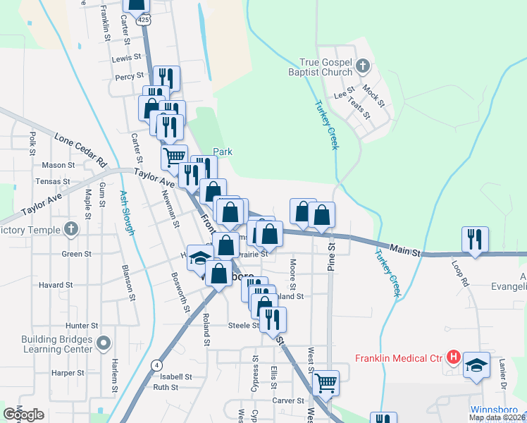 map of restaurants, bars, coffee shops, grocery stores, and more near 6649-6699 Kinloch Street in Winnsboro