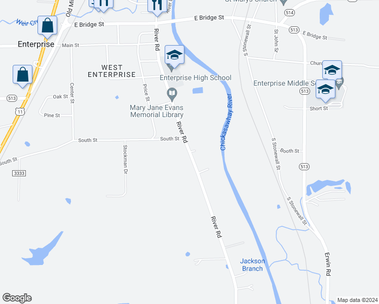 map of restaurants, bars, coffee shops, grocery stores, and more near River Road in Enterprise