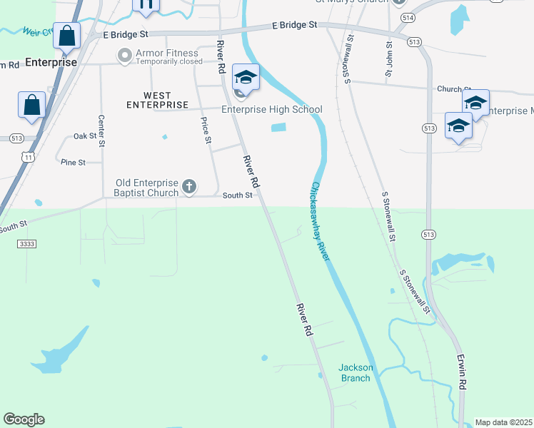 map of restaurants, bars, coffee shops, grocery stores, and more near River Road in Enterprise