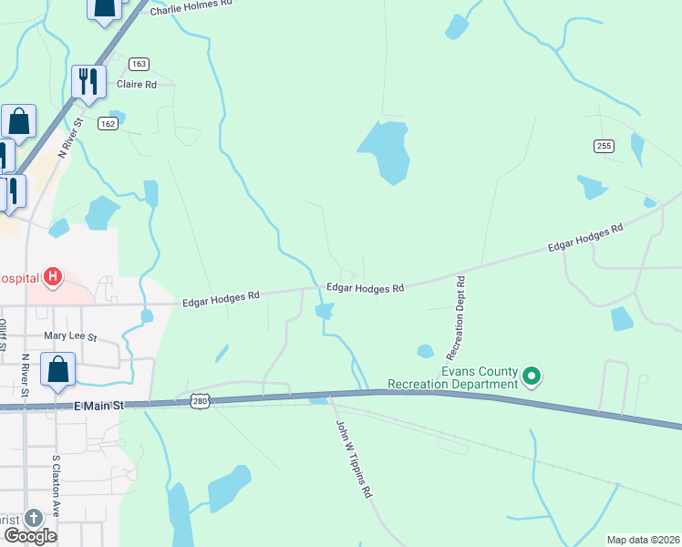 map of restaurants, bars, coffee shops, grocery stores, and more near 1425 Edgar Hodges Road in Claxton