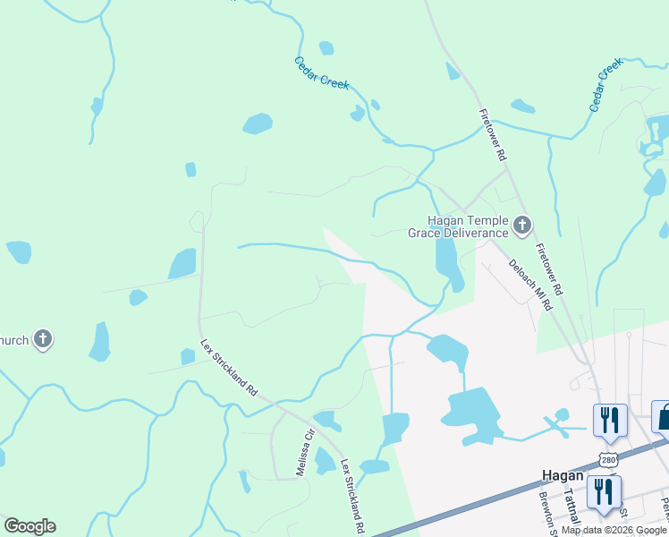 map of restaurants, bars, coffee shops, grocery stores, and more near 1290 Pine Ridge Drive in Claxton