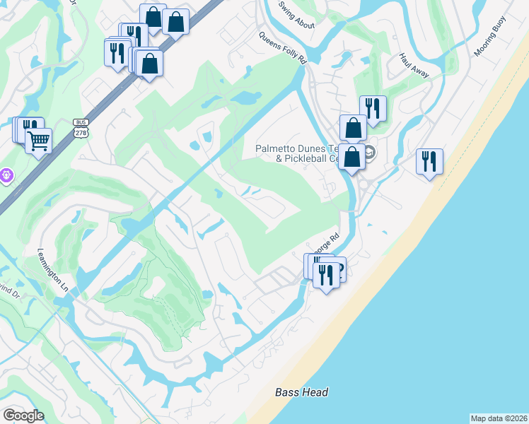 map of restaurants, bars, coffee shops, grocery stores, and more near Turnberry Village Drive in Hilton Head Island